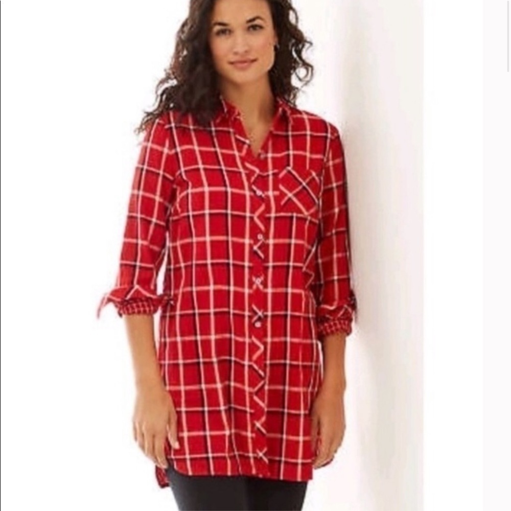 JJILL RED PLAID LONG SLEEVE SHIRT Size Med T132
